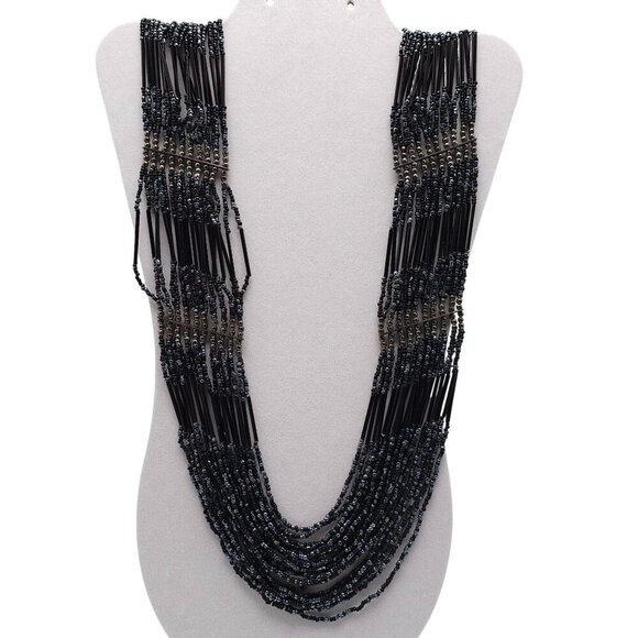 Long Flapper Style Multi-Strand Black Beaded Necklace With Adjustable Chain - Picture 1 of 6